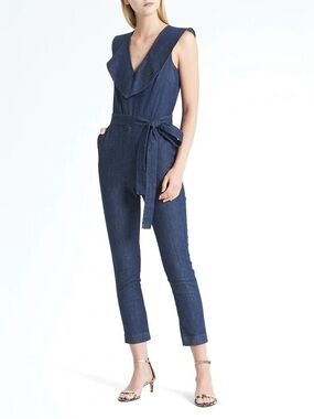 Banana Republic Sleeveless V-Neck Denim Jumpsuit with Tie Waist SIze 16